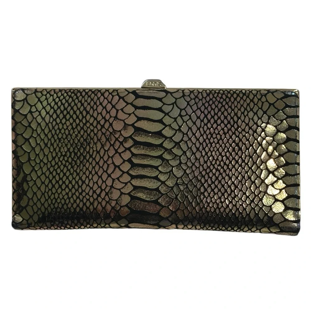 Lodis faux leather snake skin/ python print finish clutch purse.